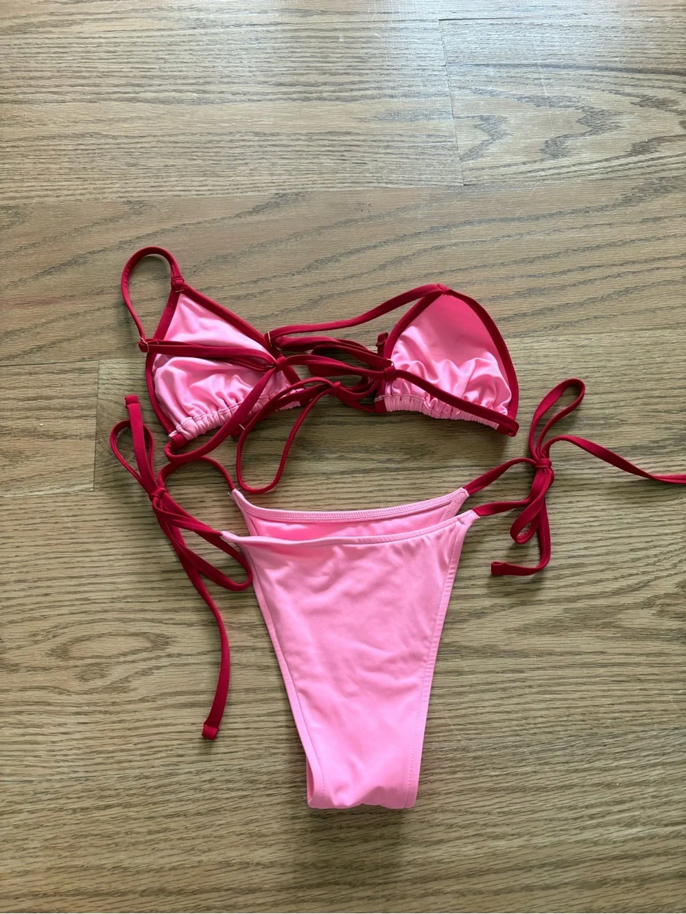 Frankie’s Bikinis Pink Triangle Bikini Set with Red Trim